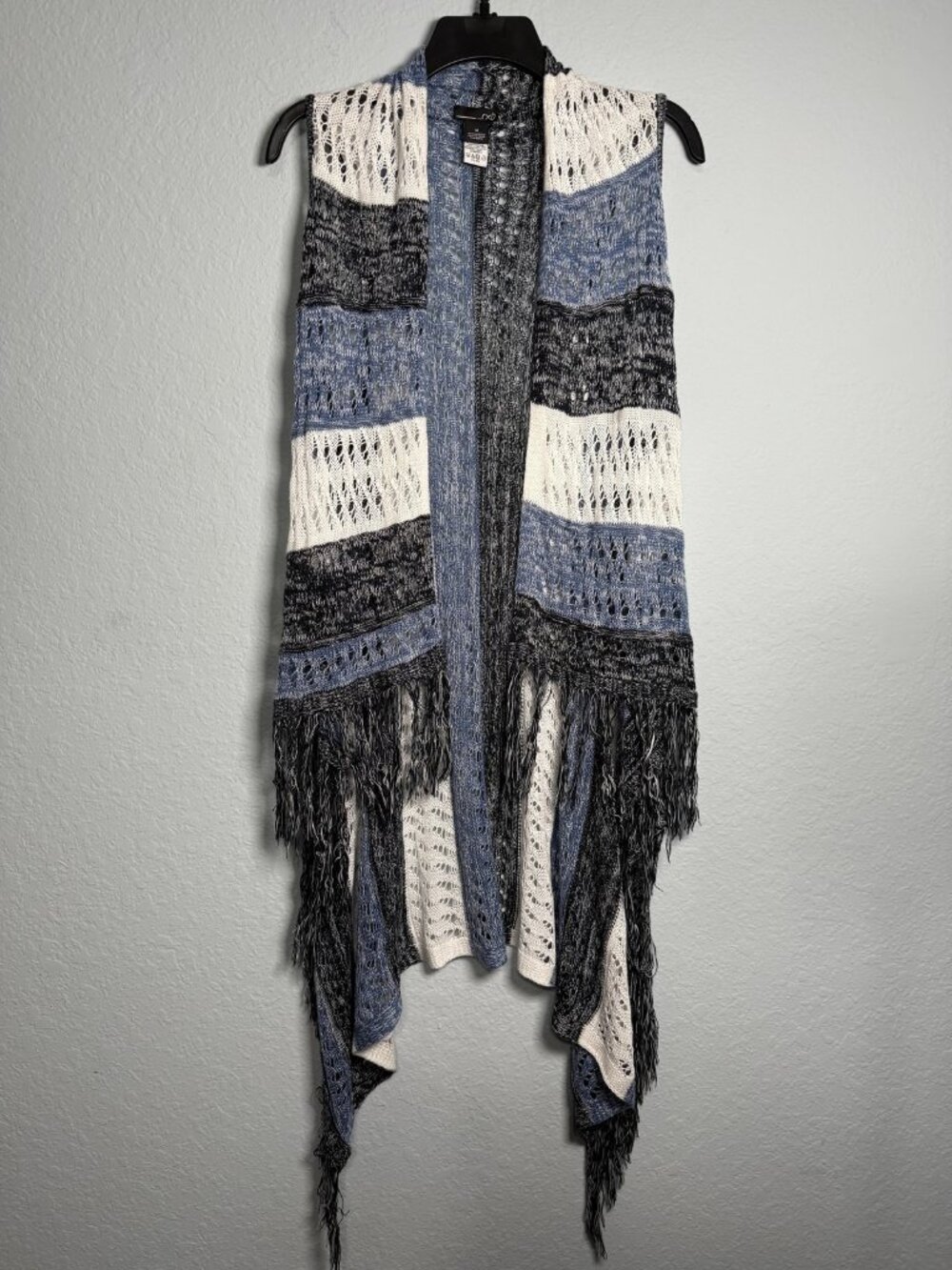 RXB Boho Fringe‎ Duster Vest Womens M Black Blue Crochet Open Knit Hippie Chic